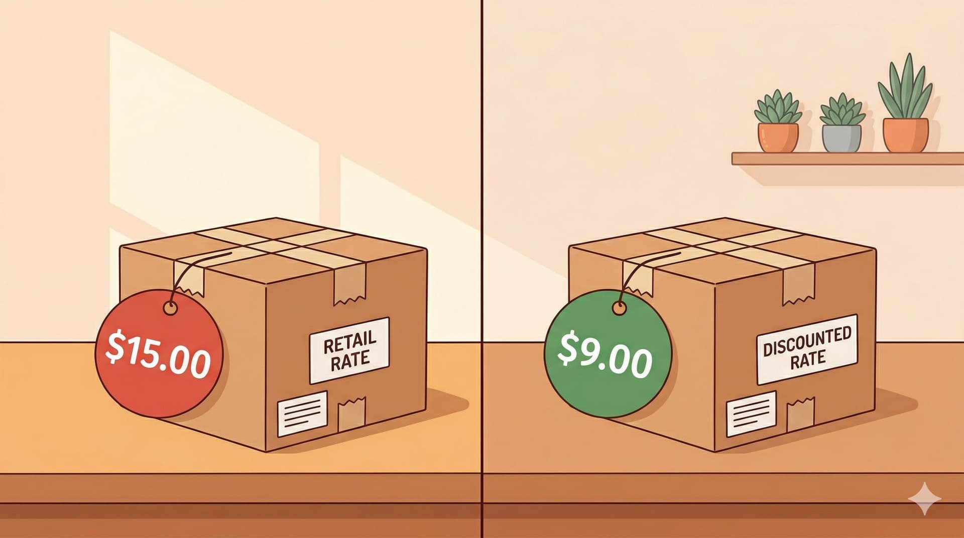 Retail rate versus discounted rate comparison on shipping boxes
