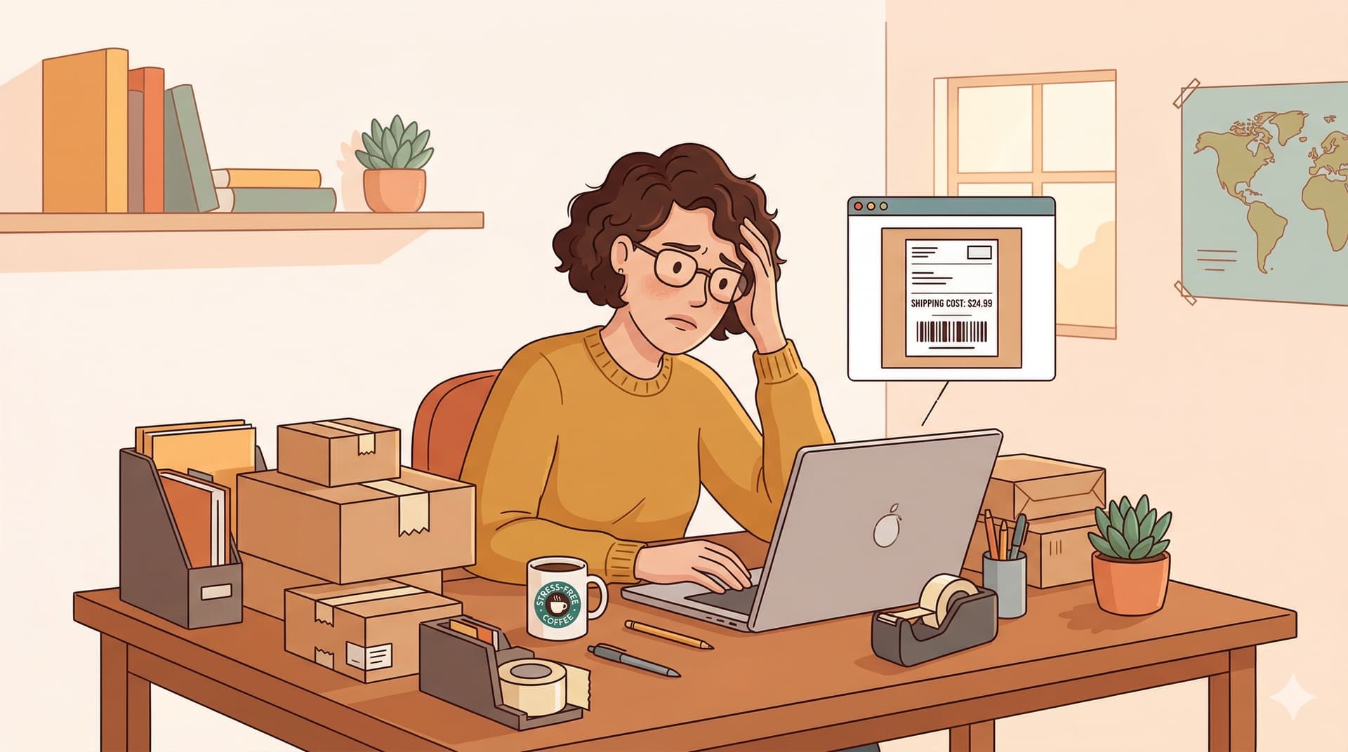 Small business owner frustrated by high shipping costs on their laptop