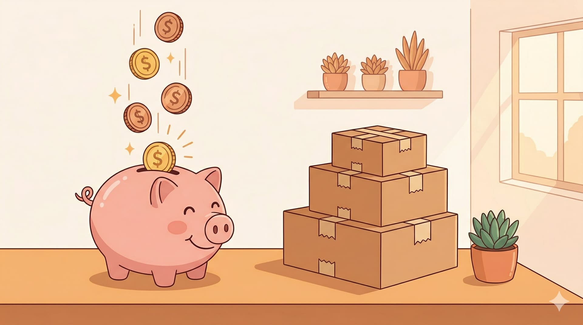 Piggy bank with coins next to a stack of shipping boxes